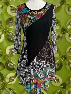Paris Black Asymmetrical Patchwork Dress with Multicolor Accents